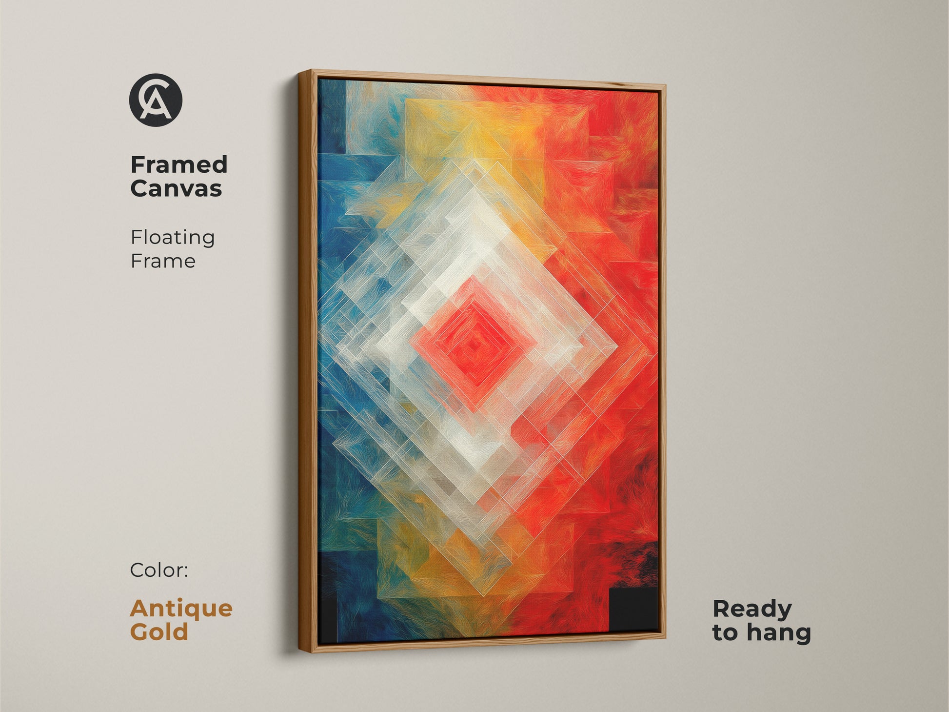 Framed canvas featuring Geometric Abstract Wall Art. The floating frame is antique gold. The layered diamond shapes artwork has red blue and orange tones. This modern art is ready to hang. Contemporary geometric decor to brighten up your entryway.