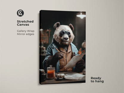 This is a gallery wrapped canvas print. The artwork features a panda dressed as a scientist. This surreal animal art has mirror edges. It is ready to hang. It's a unique piece of anthropomorphic art office decor. This canvas would make a great gift.