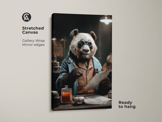 This is a gallery wrapped canvas print. The artwork features a panda dressed as a scientist. This surreal animal art has mirror edges. It is ready to hang. It's a unique piece of anthropomorphic art office decor. This canvas would make a great gift.