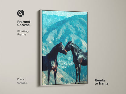 The white floating frame offers a clean modern look to this horse artwork. This equine landscape decor easily complements any interior style. The blue mountain wall art brings a sense of calm. A thoughtful and artistic animal canvas print.