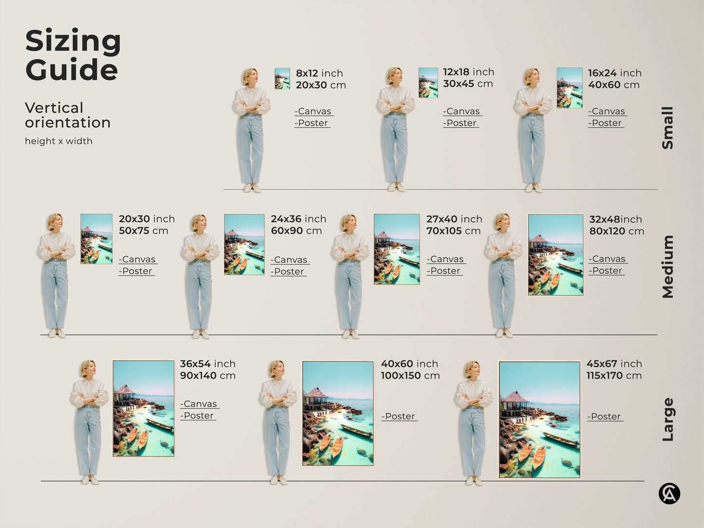 Sizing guide for coastal canvas and poster prints featuring a tropical beach scene. View the vertical orientation height and width in inches and centimeters. This aqua blue ocean landscape artwork with a seaside hut and boats is perfect for any room size. Ideal for travel lovers.