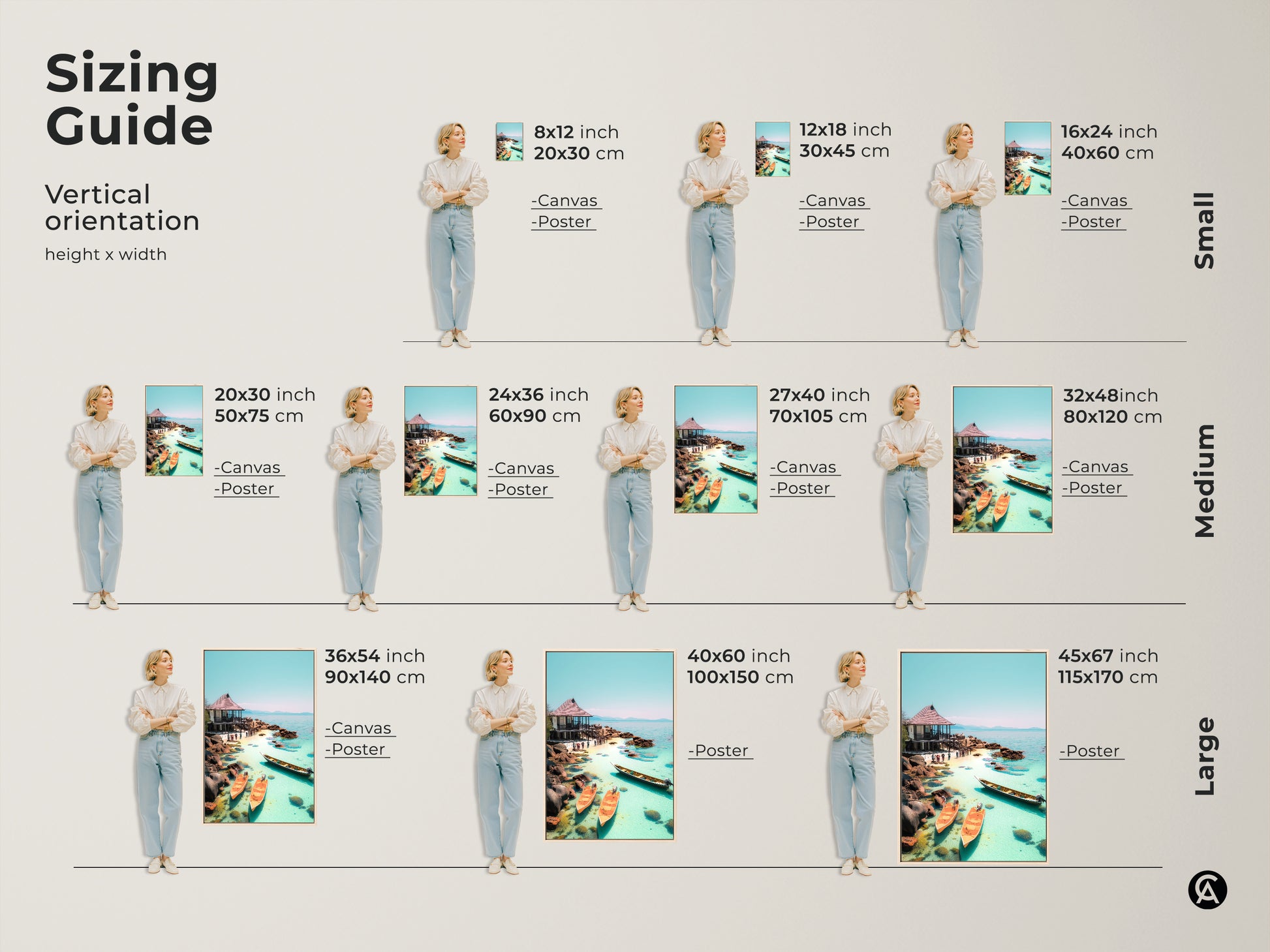 Sizing guide for coastal canvas and poster prints featuring a tropical beach scene. View the vertical orientation height and width in inches and centimeters. This aqua blue ocean landscape artwork with a seaside hut and boats is perfect for any room size. Ideal for travel lovers.