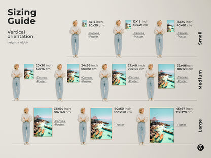 Sizing guide for coastal canvas and poster prints featuring a tropical beach scene. View the vertical orientation height and width in inches and centimeters. This aqua blue ocean landscape artwork with a seaside hut and boats is perfect for any room size. Ideal for travel lovers.