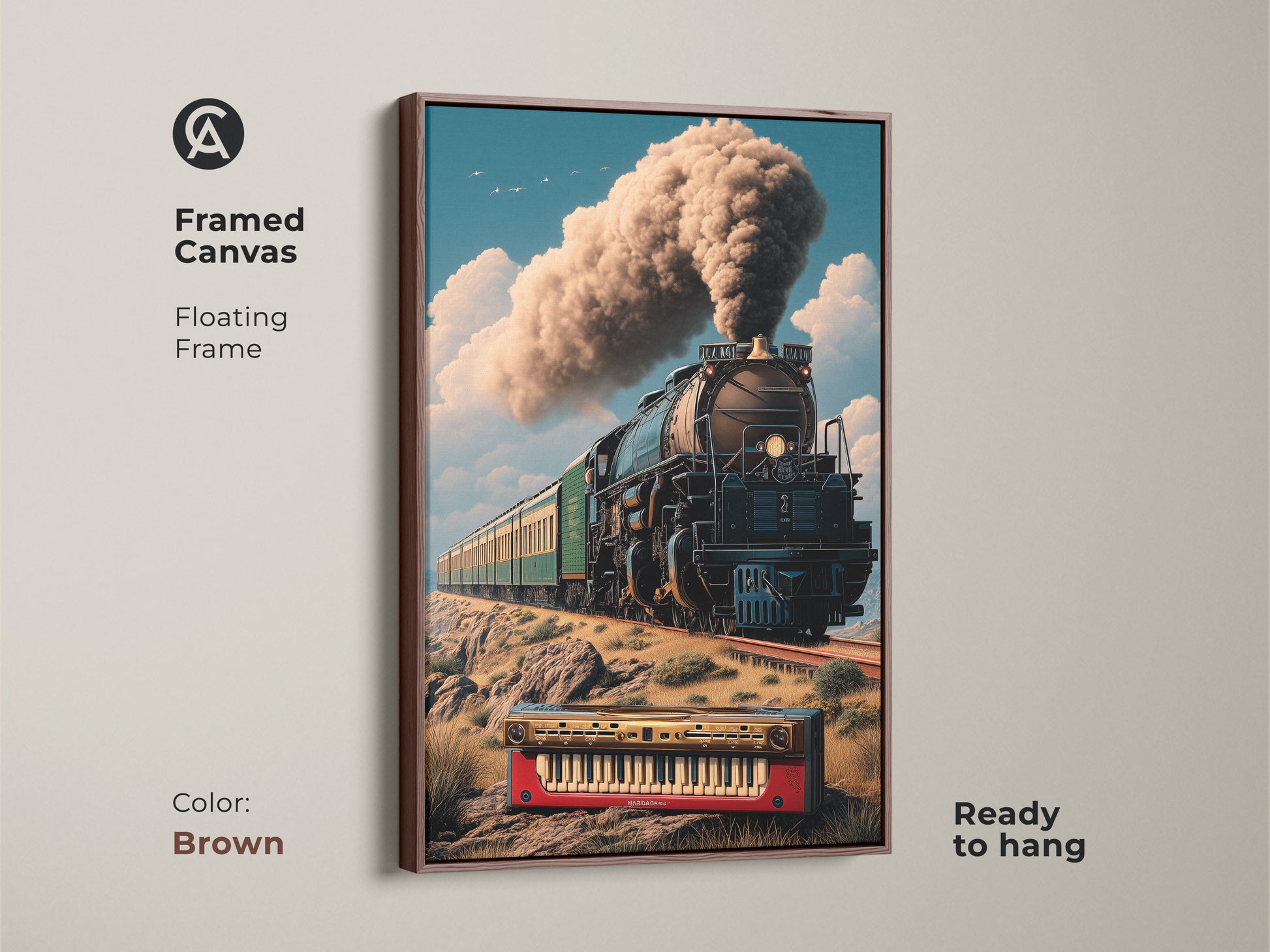 Brown framed canvas art featuring a vintage steam train and keyboard. This surreal locomotive combines transport music and eclectic elements. It's ready to hang for a study room or office. A floating frame adds sophistication. Perfect for music lovers and train enthusiasts as a unique gift.