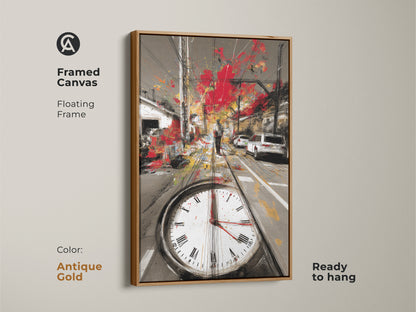 Framed canvas featuring a floating frame in antique gold showcasing an abstract cityscape. The red gray and yellow urban sketch includes tram tracks and a clock face. This contemporary artwork is ready to hang.