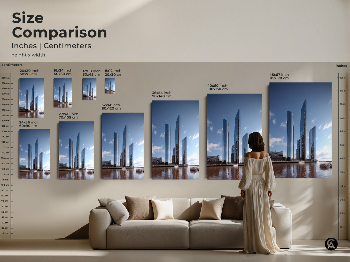 Size comparison for modern cityscape art in inches and centimeters. Visualize the scale of this building artwork above a sofa. Ranging from small to large sizes this steel blue canvas art enhances urban explorer decor as a new home gift.