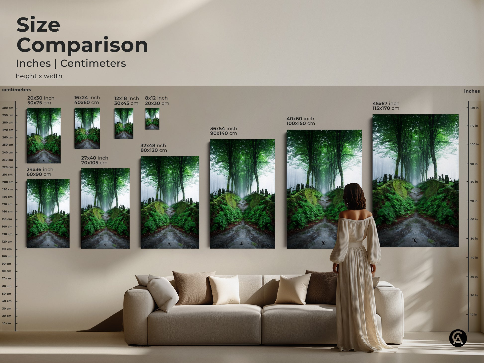 Size comparison of misty forest path artwork in inches and centimeters. Visualize how each canvas and poster print size fits your space. This emerald green tree-lined road artwork adds Scandinavian woodland charm to your living room bedroom or home office.