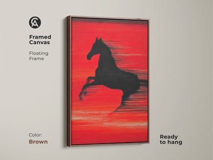 Framed canvas featuring a crimson abstract horse with a brown floating frame. This animal motion wall art is ready to hang. It adds a touch of contemporary equestrian decor. Perfect as a housewarming gift or for horse lovers seeking speed horse painting.