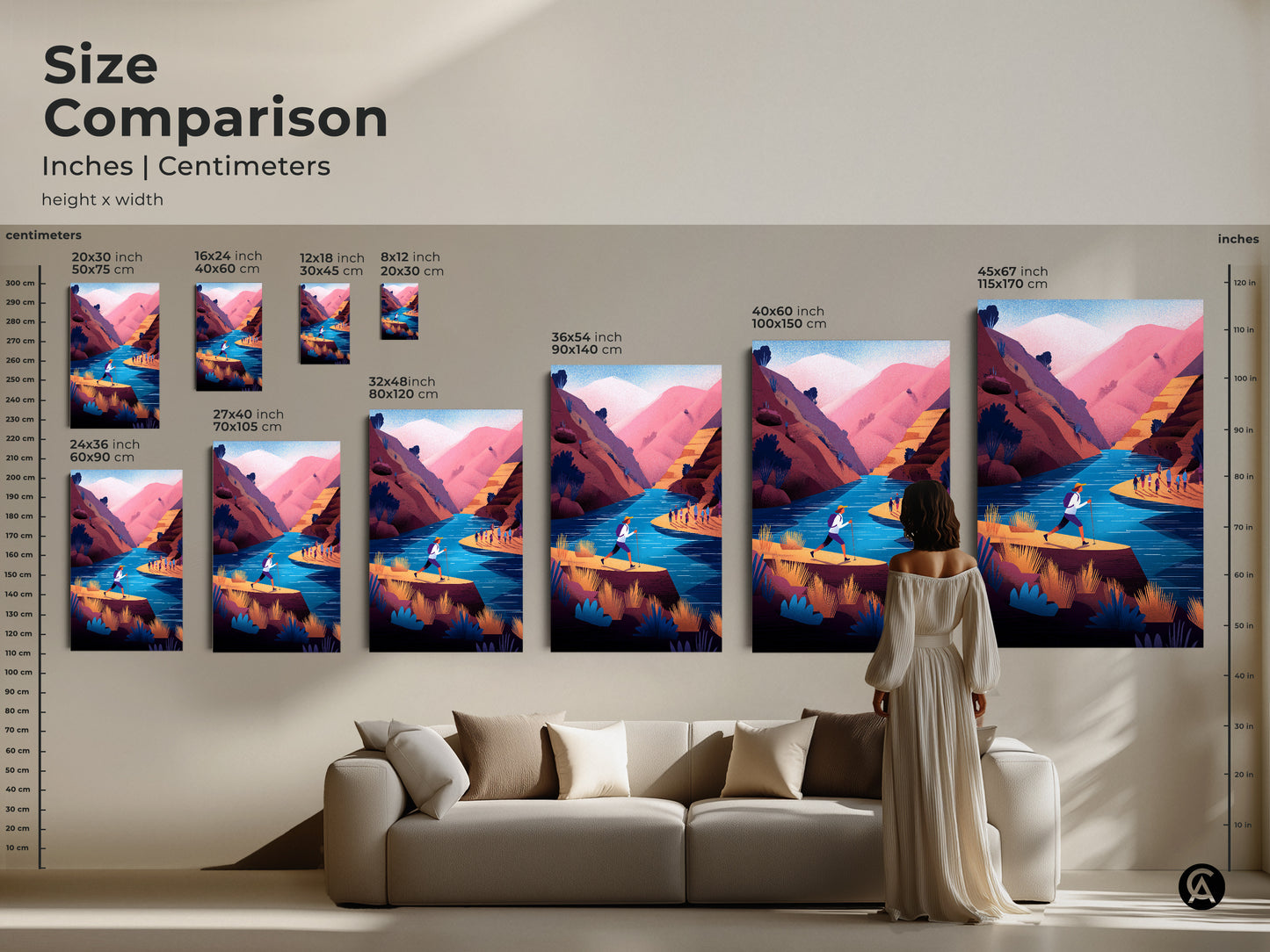 Size comparison for adventure river landscape art in inches and centimeters. Various sizes are displayed in a living room setting. The contemporary teal pink mountain scene canvas is a great gift for hikers and outdoor enthusiasts. Modern graphic landscape.