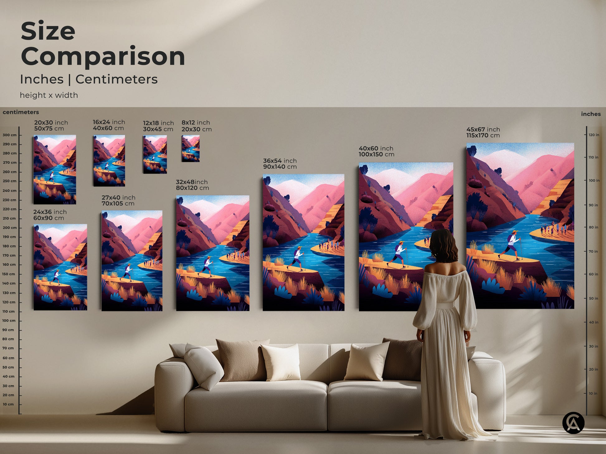 Size comparison for adventure river landscape art in inches and centimeters. Various sizes are displayed in a living room setting. The contemporary teal pink mountain scene canvas is a great gift for hikers and outdoor enthusiasts. Modern graphic landscape.