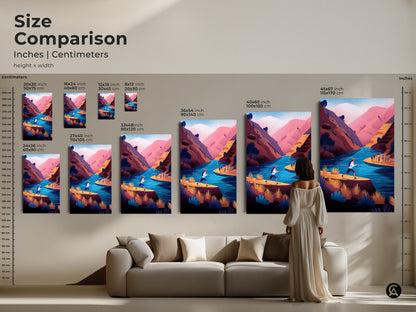 Size comparison for adventure river landscape art in inches and centimeters. Various sizes are displayed in a living room setting. The contemporary teal pink mountain scene canvas is a great gift for hikers and outdoor enthusiasts. Modern graphic landscape.