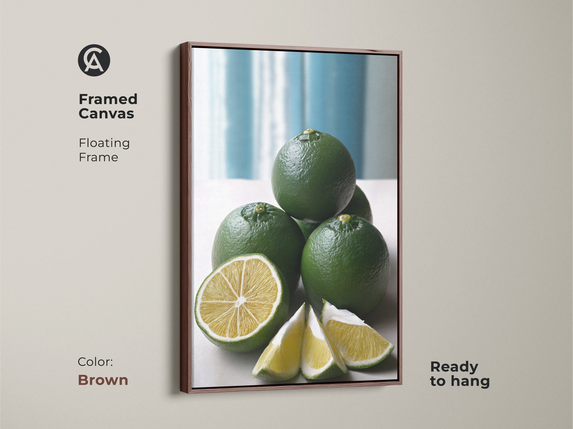 Framed canvas with a floating frame displaying a green lime still life. The brown frame complements this modern minimalist kitchen decor. It is a botanical citrus fruit artwork ready to hang.