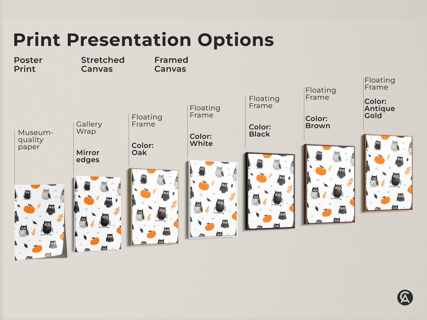 Explore presentation options for Whimsical Owl & Pumpkin Art Print. Choose from poster prints stretched canvases or framed canvases. Available with floating frames in oak white black brown and antique gold. Find the ideal style to match your seasonal kids decor and nursery art needs.