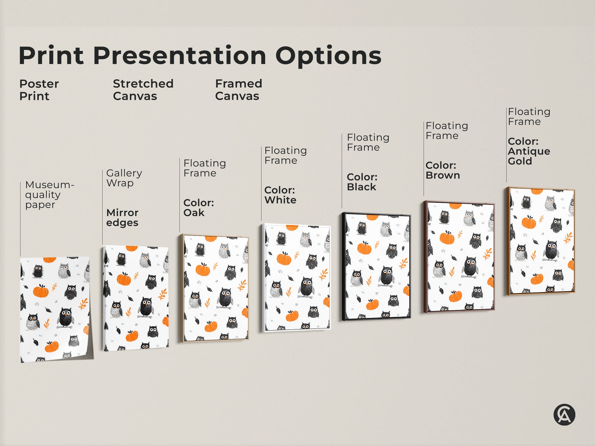 Explore presentation options for Whimsical Owl & Pumpkin Art Print. Choose from poster prints stretched canvases or framed canvases. Available with floating frames in oak white black brown and antique gold. Find the ideal style to match your seasonal kids decor and nursery art needs.
