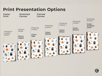 Explore presentation options for Whimsical Owl & Pumpkin Art Print. Choose from poster prints stretched canvases or framed canvases. Available with floating frames in oak white black brown and antique gold. Find the ideal style to match your seasonal kids decor and nursery art needs.