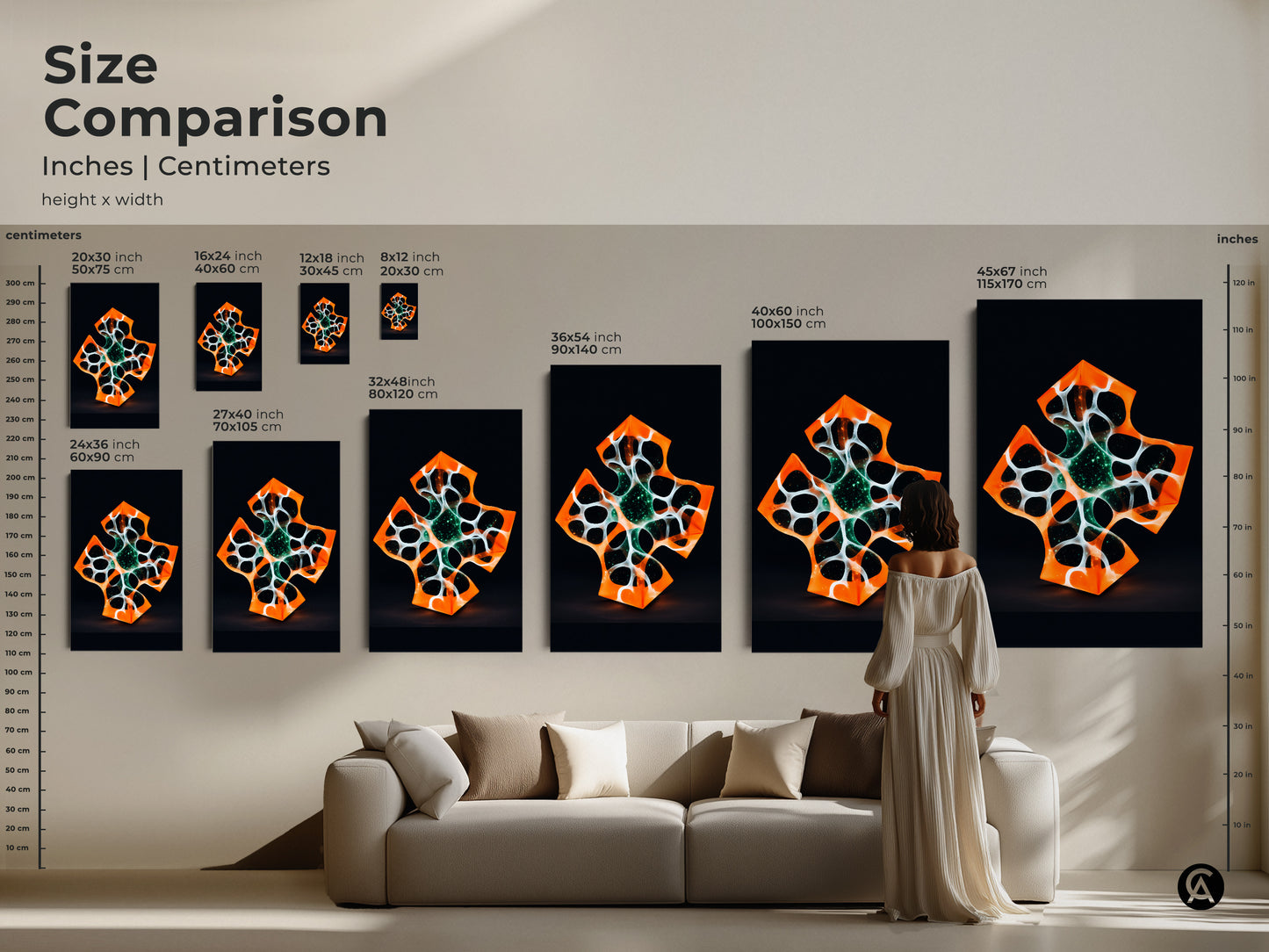 Size comparison of abstract geometric cross artwork in inches and centimeters. Modern orange and white canvas art is showcased above a couch. Great tech enthusiast art piece adds modern style.