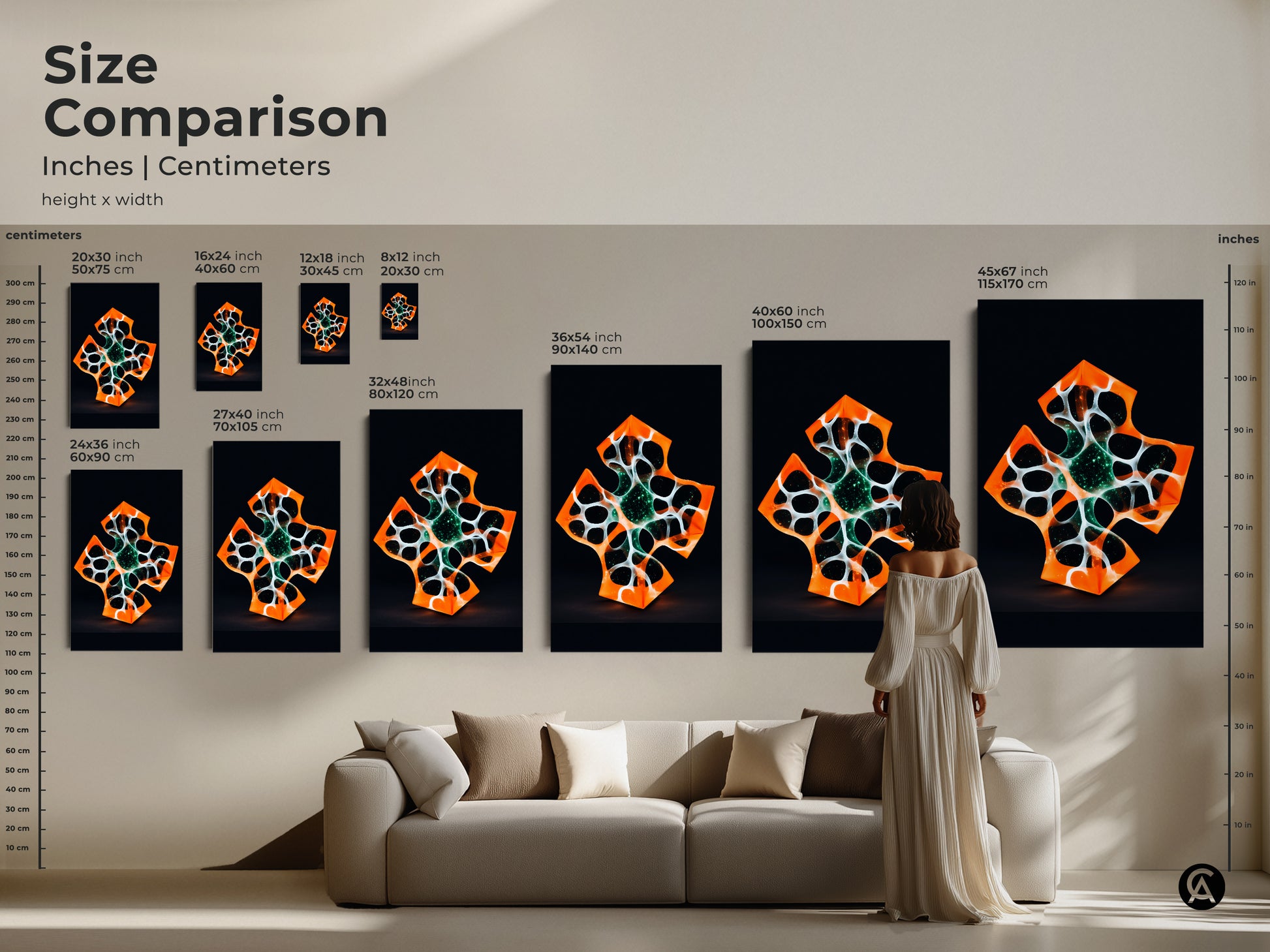 Size comparison of abstract geometric cross artwork in inches and centimeters. Modern orange and white canvas art is showcased above a couch. Great tech enthusiast art piece adds modern style.