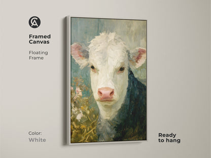 A framed canvas showcases a hereford calf painting with a floating white frame. This ready-to-hang artwork offers a clean modern look. The fine art print brings a touch of country to contemporary spaces.