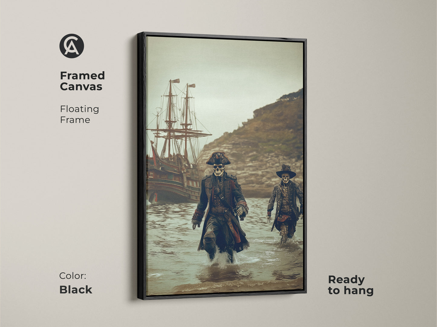 This framed canvas features skeleton pirates emerging from the water. A galleon ship sits in the background. This gothic dark fantasy artwork comes ready to hang with a floating black frame. Perfect for adding a macabre nautical touch to your office or man cave.