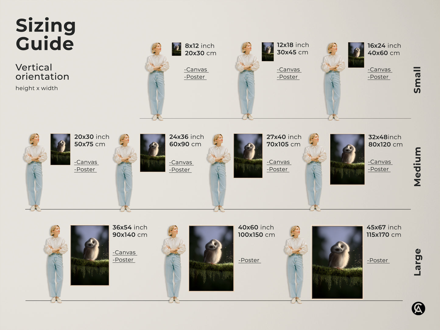Sizing guide for baby owl canvas and poster prints. Visualize small medium and large sizes with a model. It is perfect for Scandinavian nursery art. Find the ideal fit for your space with this wildlife artwork.