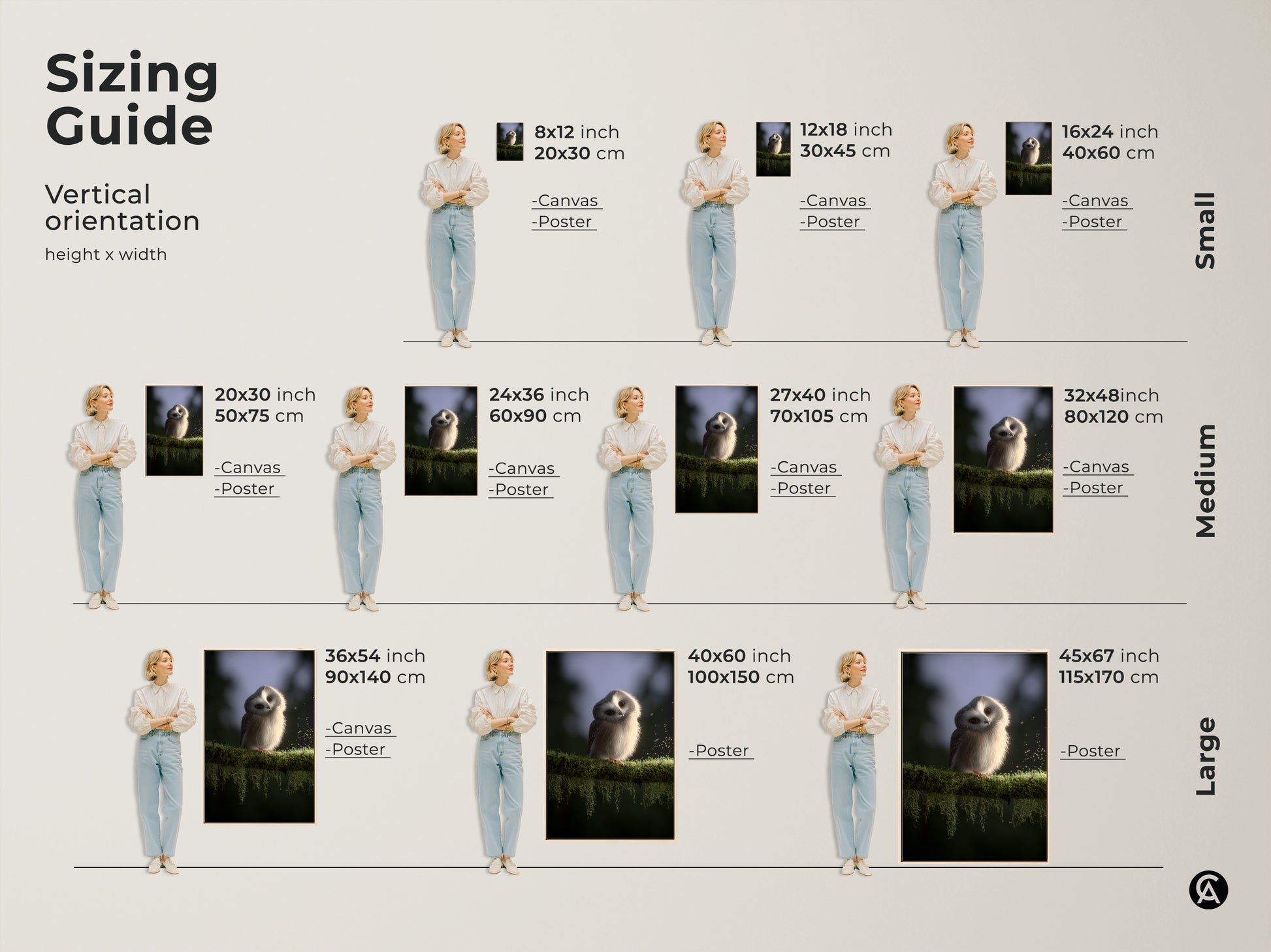 Sizing guide for baby owl canvas and poster prints. Visualize small medium and large sizes with a model. It is perfect for Scandinavian nursery art. Find the ideal fit for your space with this wildlife artwork.