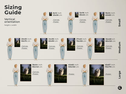 Sizing guide for baby owl canvas and poster prints. Visualize small medium and large sizes with a model. It is perfect for Scandinavian nursery art. Find the ideal fit for your space with this wildlife artwork.