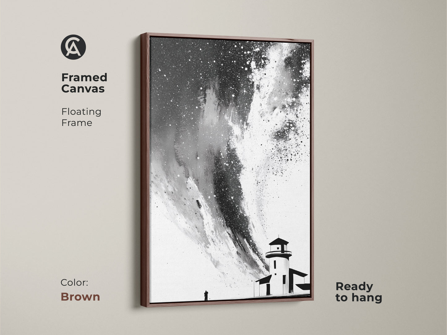 Framed canvas showcasing black white abstract lighthouse art. Floating frame in a brown finish creates a contemporary aesthetic. This minimalist starry sky canvas art is ready to hang. The unique wall hanging complements any space.