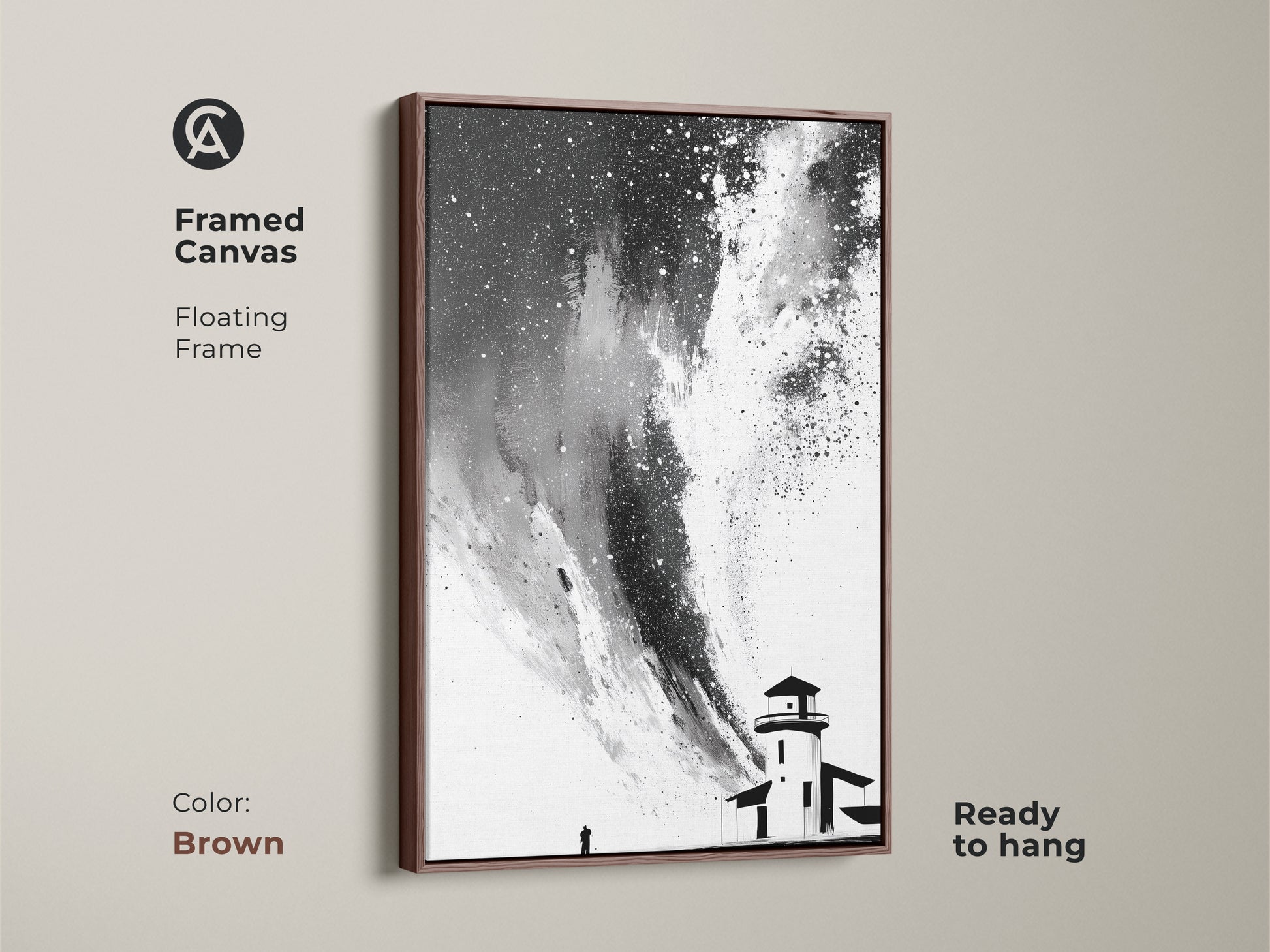 Framed canvas showcasing black white abstract lighthouse art. Floating frame in a brown finish creates a contemporary aesthetic. This minimalist starry sky canvas art is ready to hang. The unique wall hanging complements any space.
