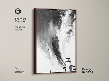 Framed canvas showcasing black white abstract lighthouse art. Floating frame in a brown finish creates a contemporary aesthetic. This minimalist starry sky canvas art is ready to hang. The unique wall hanging complements any space.