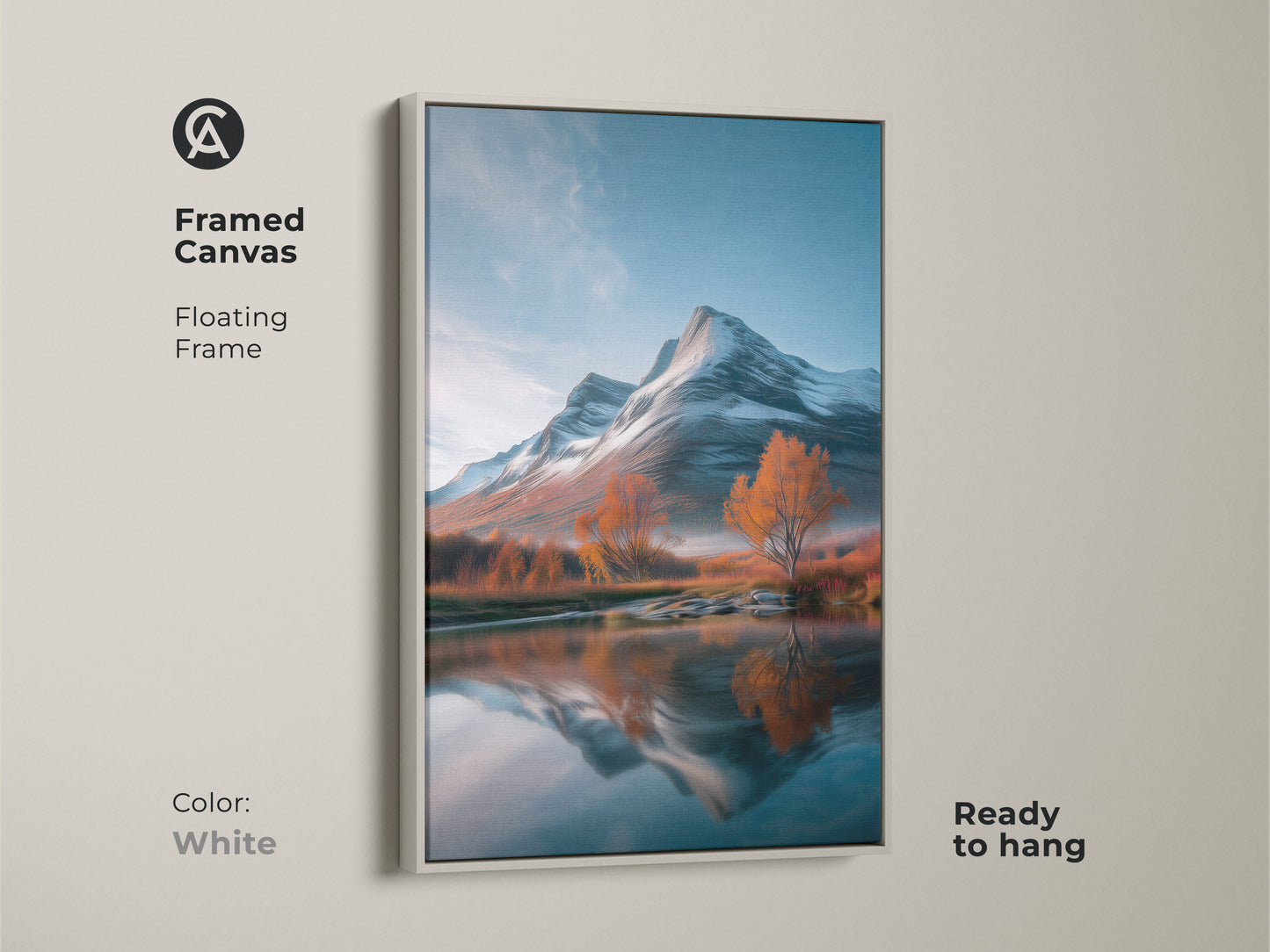 Framed canvas art featuring a mountain landscape with snowy peaks. This rustic nature inspired wall decor adds a touch of serenity. The white frame enhances the beauty of the blue white and orange artwork. Ready to hang this scenic print brings the outdoors inside