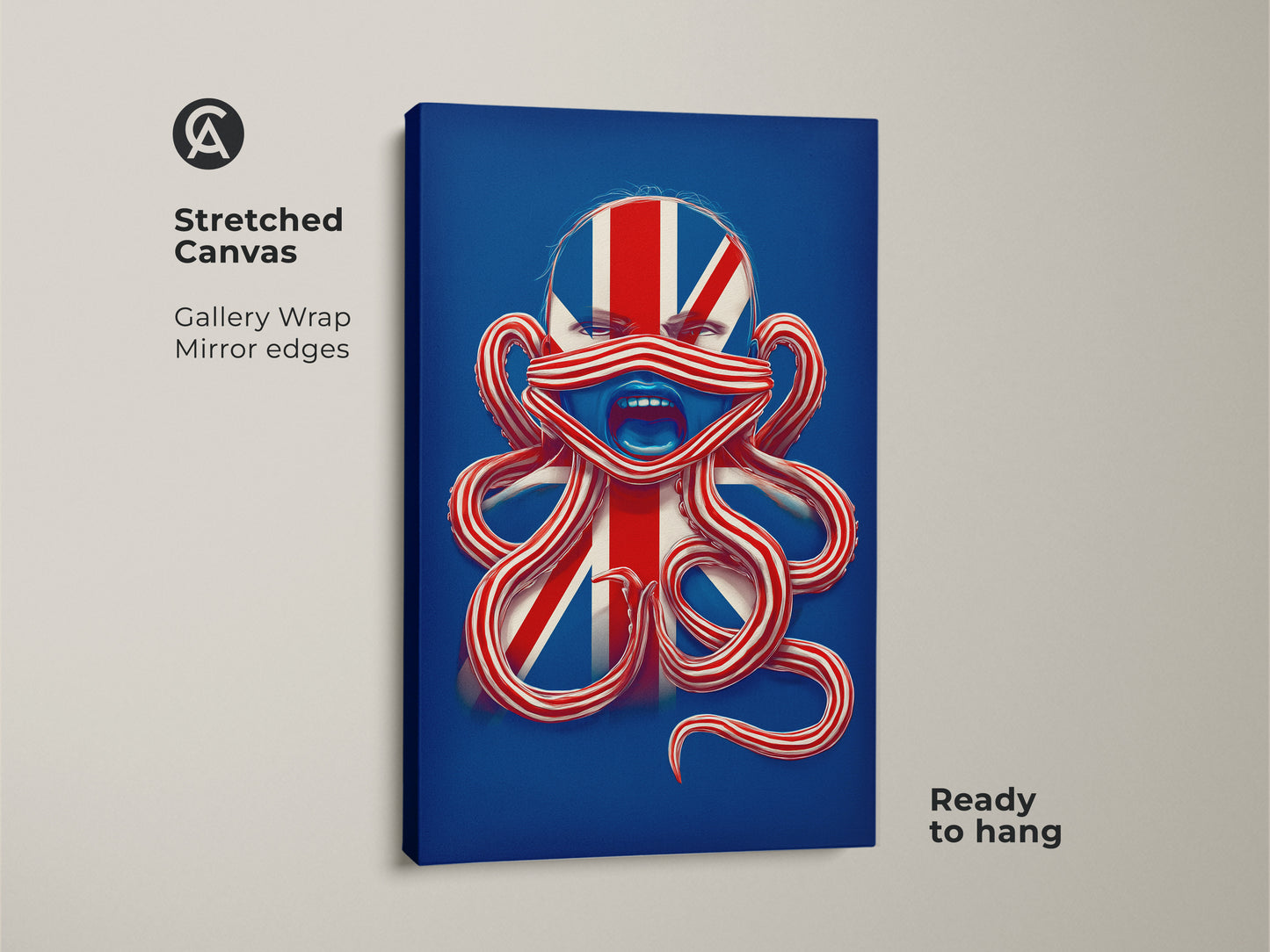 Stretched canvas displaying British Patriotism Octopus Face Wall Art. Gallery wrap with mirror edges makes it ready to hang. This surreal Union Jack canvas print is great eclectic office decor.