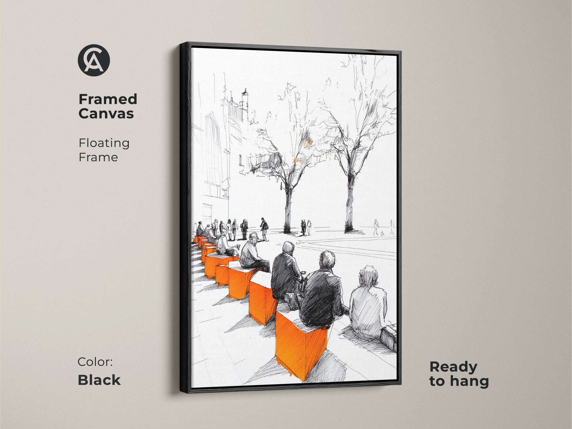 Framed canvas art featuring a modern sketch of an urban cityscape with people on benches. Showcased in a sleek black floating frame. The minimalist artwork combines black white and vibrant orange offering a ready-to-hang piece for your modern art collection.