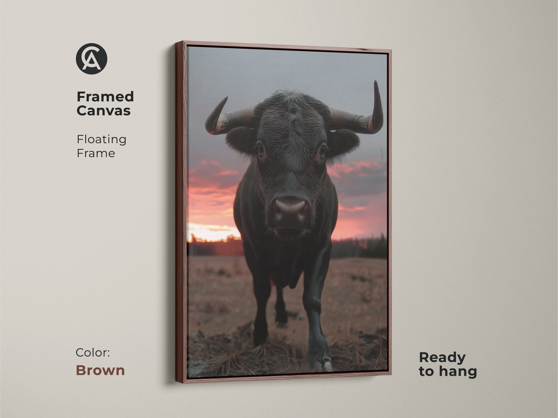 Framed canvas of a black bull with a floating frame. Ready to hang in brown color. The rustic farmhouse wall art features a dramatic sunset print. Great for countryside wall hanging.