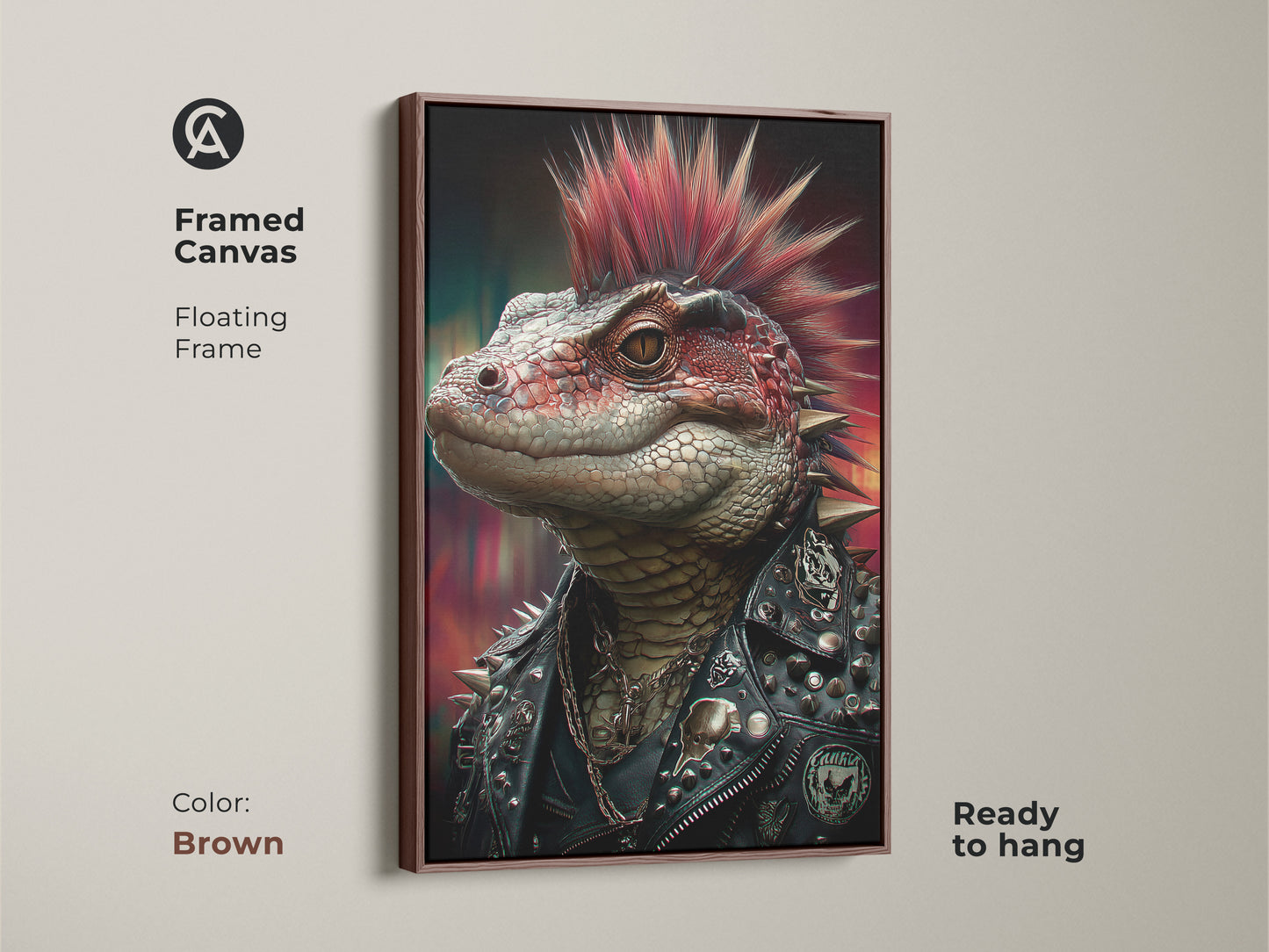 A framed canvas featuring a punk rock lizard. A floating frame in brown showcases the gothic reptile art. This spiked jacket wall decor is perfect for a man cave. This alternative punk art is ready to hang. Enjoy this unique red mohawk reptile decor.