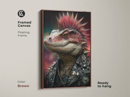 A framed canvas featuring a punk rock lizard. A floating frame in brown showcases the gothic reptile art. This spiked jacket wall decor is perfect for a man cave. This alternative punk art is ready to hang. Enjoy this unique red mohawk reptile decor.