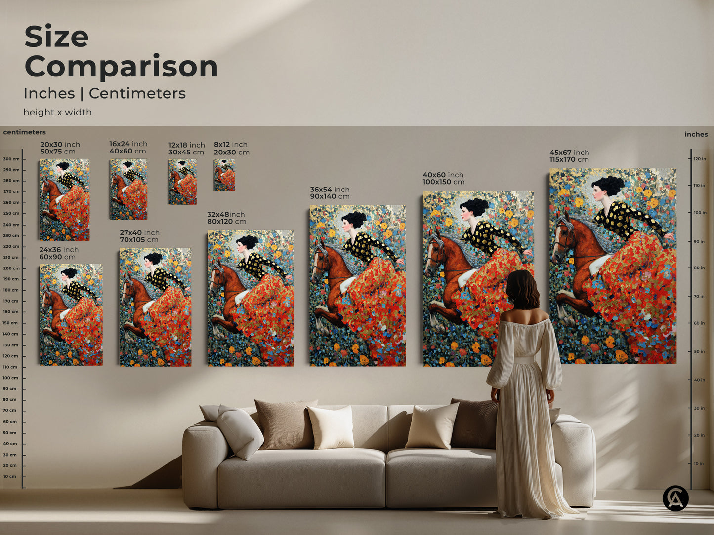 Size comparison of the woman riding horse canvas art. See how the artwork scales from 12x18 inch to 45x67 inch. Visualize the art in inches and centimeters. This red gold and blue floral painting adds a touch of art nouveau elegance to any bohemian home decor.