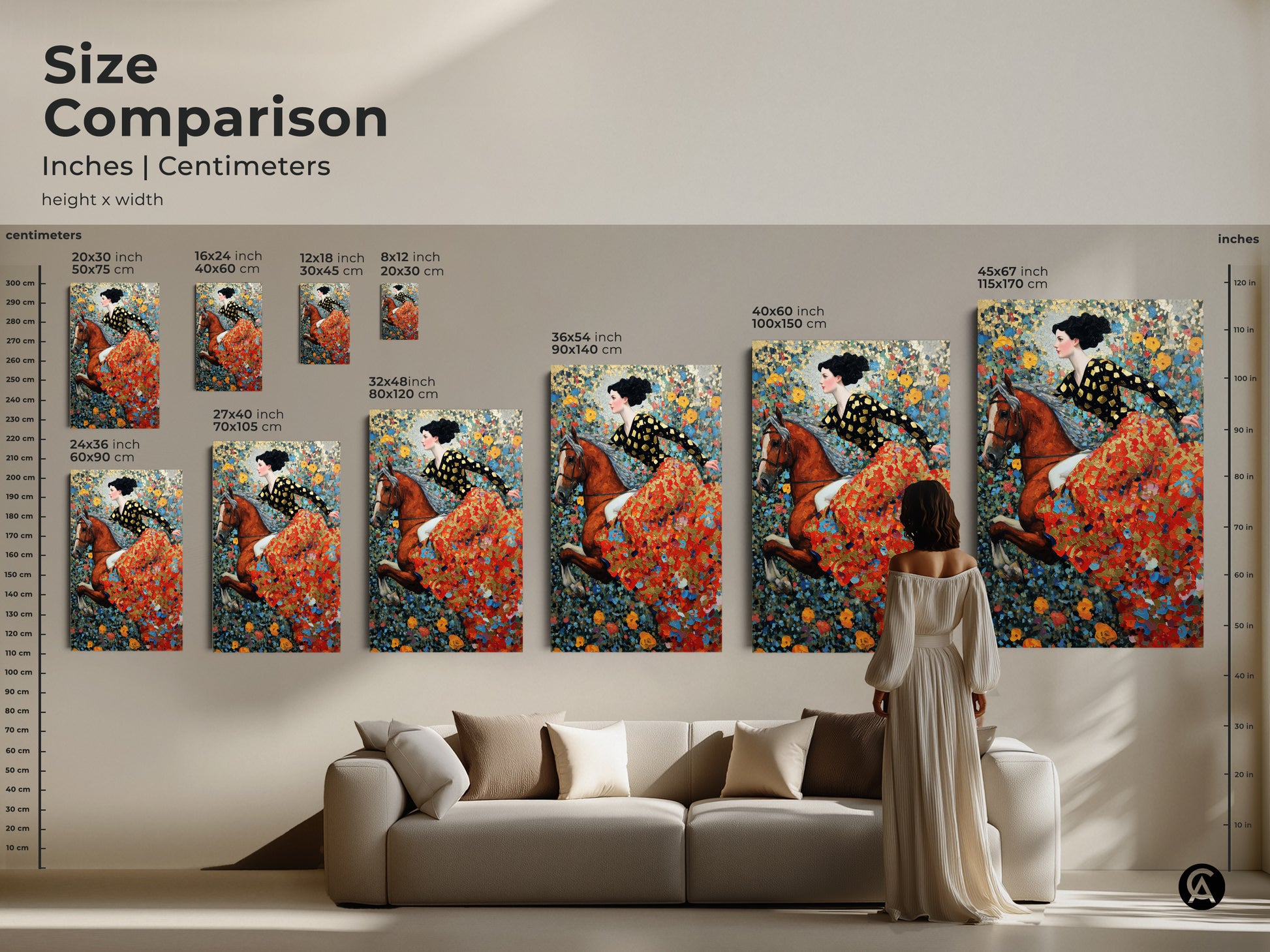 Size comparison of the woman riding horse canvas art. See how the artwork scales from 12x18 inch to 45x67 inch. Visualize the art in inches and centimeters. This red gold and blue floral painting adds a touch of art nouveau elegance to any bohemian home decor.