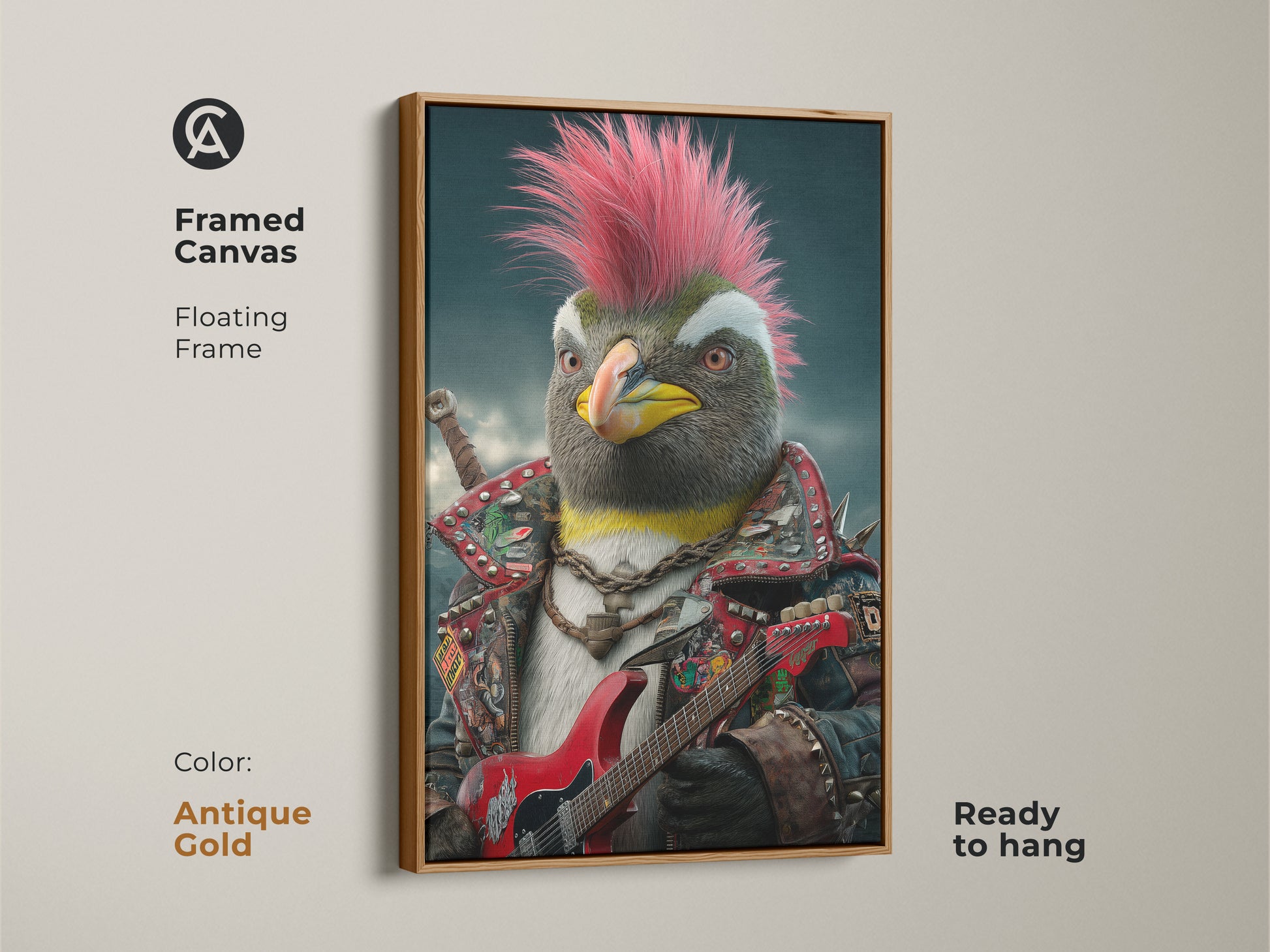 Framed canvas of a punk rock penguin with an antique gold floating frame. The artwork is ready to hang. It shows a penguin with a hot pink mohawk. The penguin is wearing a studded jacket and playing an electric guitar. This is ideal wall art for alternative music fans.