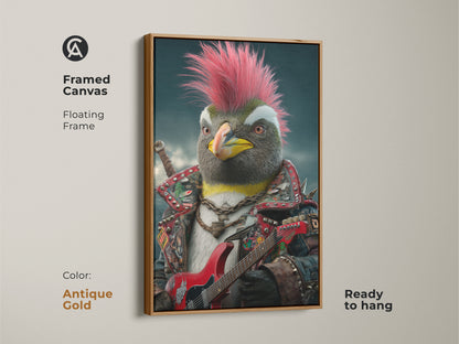 Framed canvas of a punk rock penguin with an antique gold floating frame. The artwork is ready to hang. It shows a penguin with a hot pink mohawk. The penguin is wearing a studded jacket and playing an electric guitar. This is ideal wall art for alternative music fans.