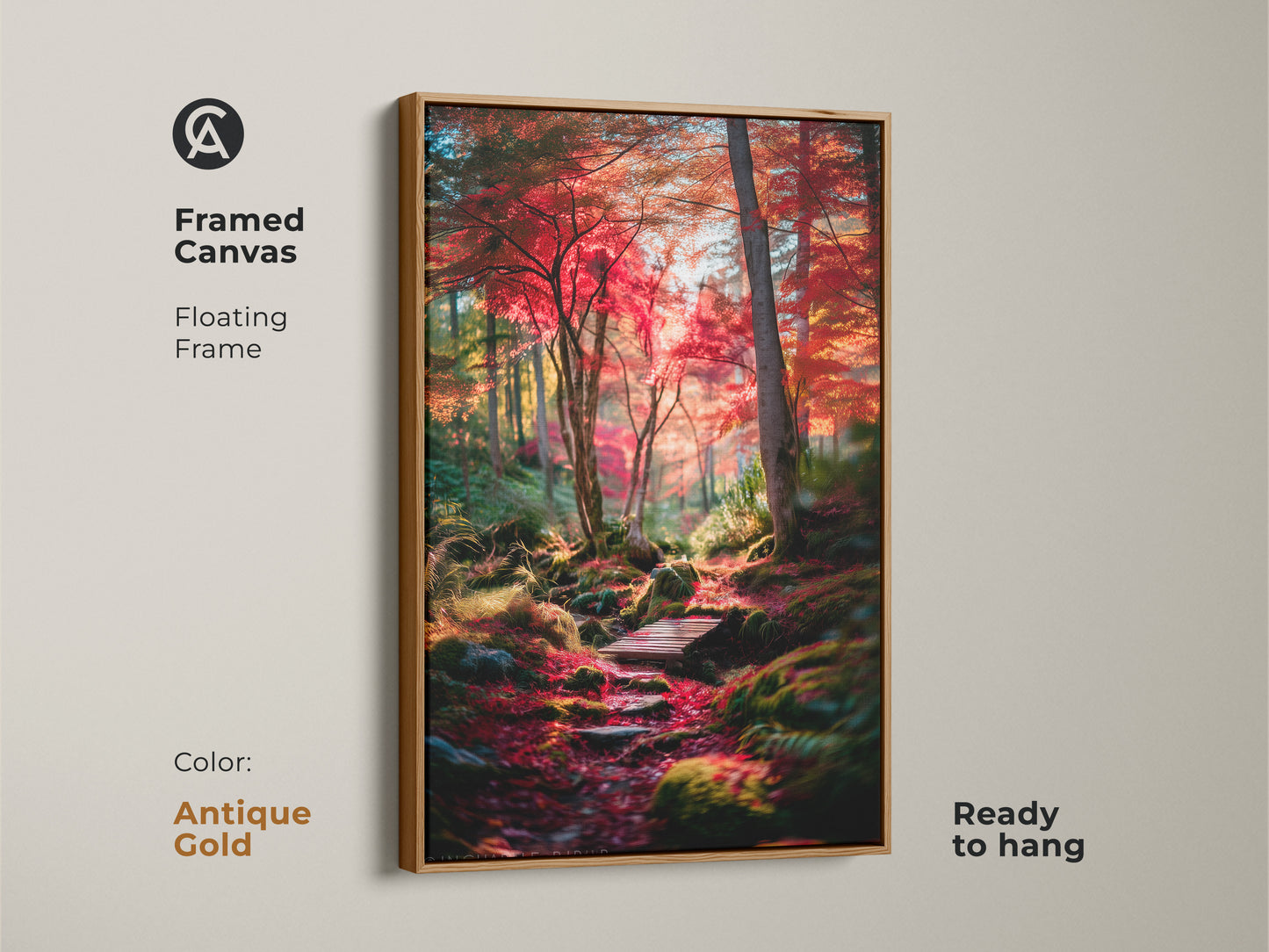 A framed canvas featuring a red-leaved forest path. The antique gold floating frame adds a touch of sophistication. Ready to hang this artwork instantly elevates your space. Ideal for adding warmth to your walls.