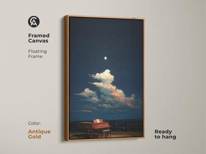 A framed canvas shows a surreal grand piano under a starry night. The antique gold floating frame adds elegance. Ready to hang it's perfect for any room. Pink and blue clouds create a dreamy ambiance. Ideal for music fans. It is a unique wall art piece.