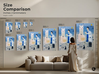 This size comparison image shows the different sizes of the llama doctor art print. A woman in a white dress is standing next to a couch and the art prints. This is a funny pet gift and a great addition to any home.