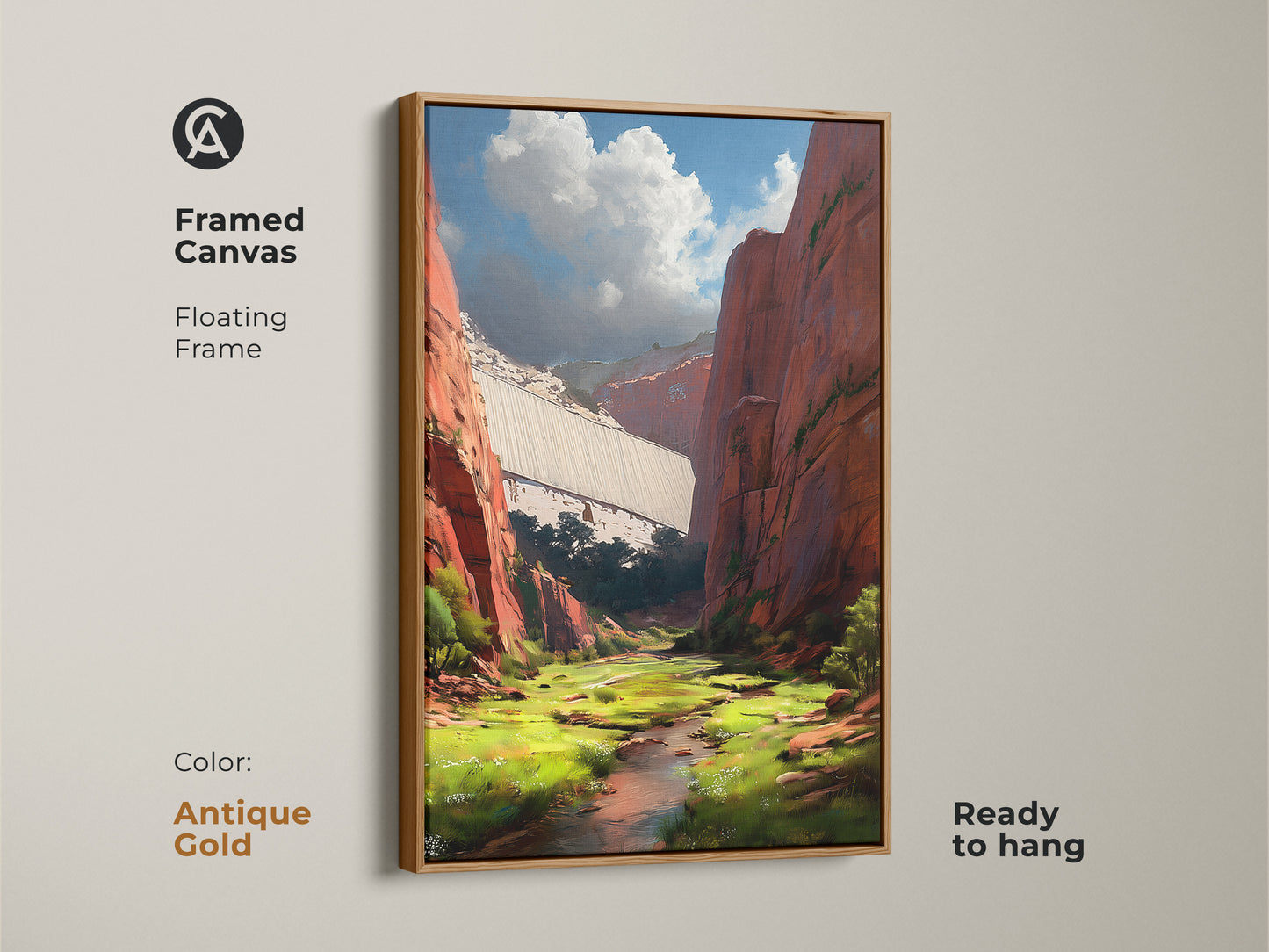 This framed canvas captures the red canyon dam landscape. The floating frame highlights the contemporary artwork. This nature artwork in antique gold adds a touch of sophistication. It's a unique travel wall art piece ready to hang.