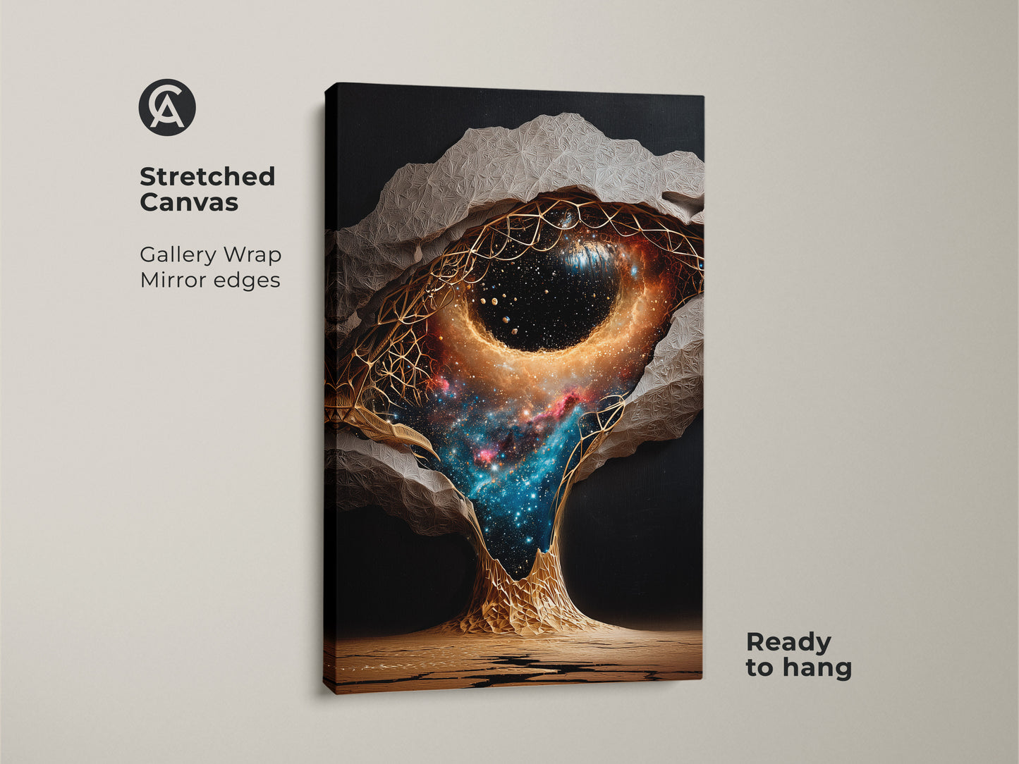 Stretched canvas art of an abstract nebula. Gallery wrapped with mirror edges. Ready to hang this surreal galaxy canvas print is a fantastic bedroom galaxy decor or a unique abstract painting