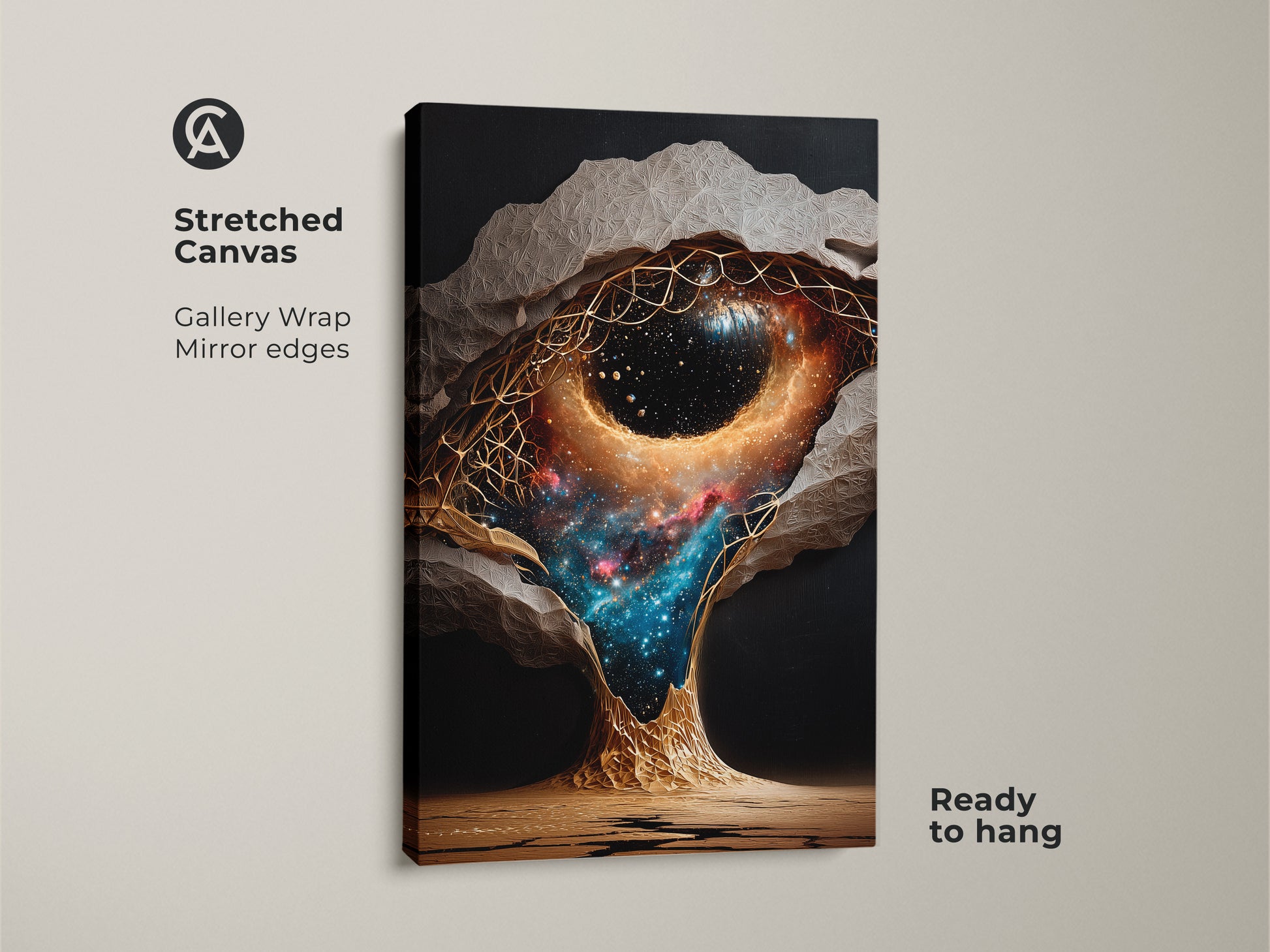 Stretched canvas art of an abstract nebula. Gallery wrapped with mirror edges. Ready to hang this surreal galaxy canvas print is a fantastic bedroom galaxy decor or a unique abstract painting