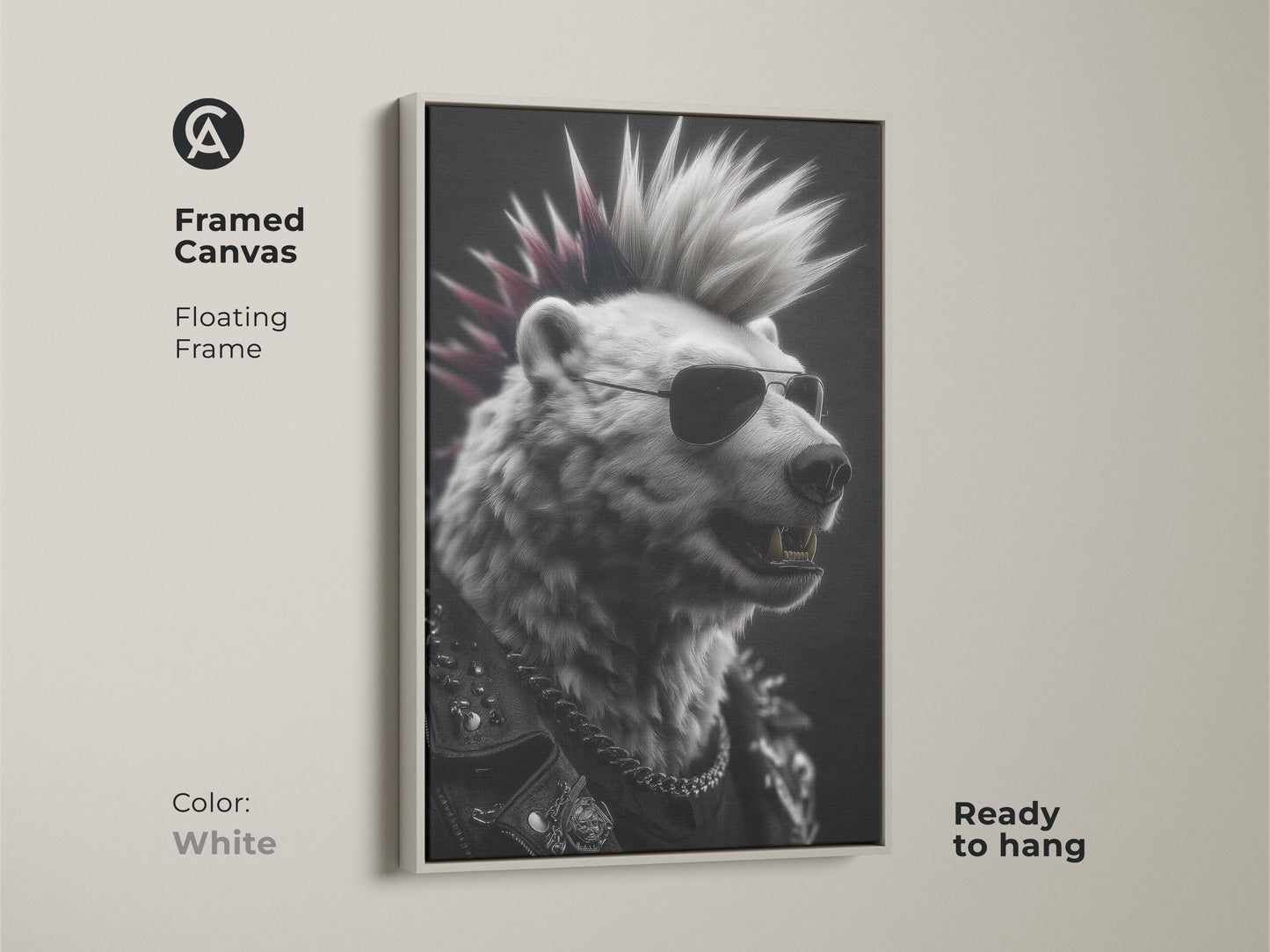 Framed canvas art featuring a punk rock bear. The bear is designed with a mohawk and sunglasses. The white floating frame complements the edgy artwork. Ready to hang this piece adds rebellious flair. It's an ideal gift for music lovers or edgy art enthusiasts. Transform your space with this cool animal print.