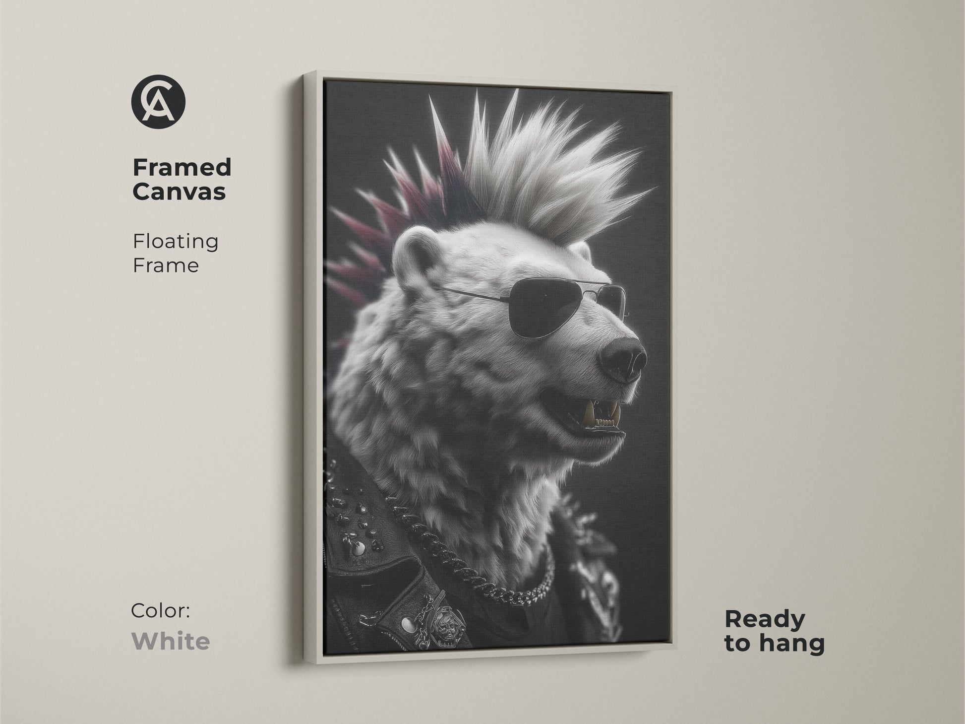 Framed canvas art featuring a punk rock bear. The bear is designed with a mohawk and sunglasses. The white floating frame complements the edgy artwork. Ready to hang this piece adds rebellious flair. It's an ideal gift for music lovers or edgy art enthusiasts. Transform your space with this cool animal print.