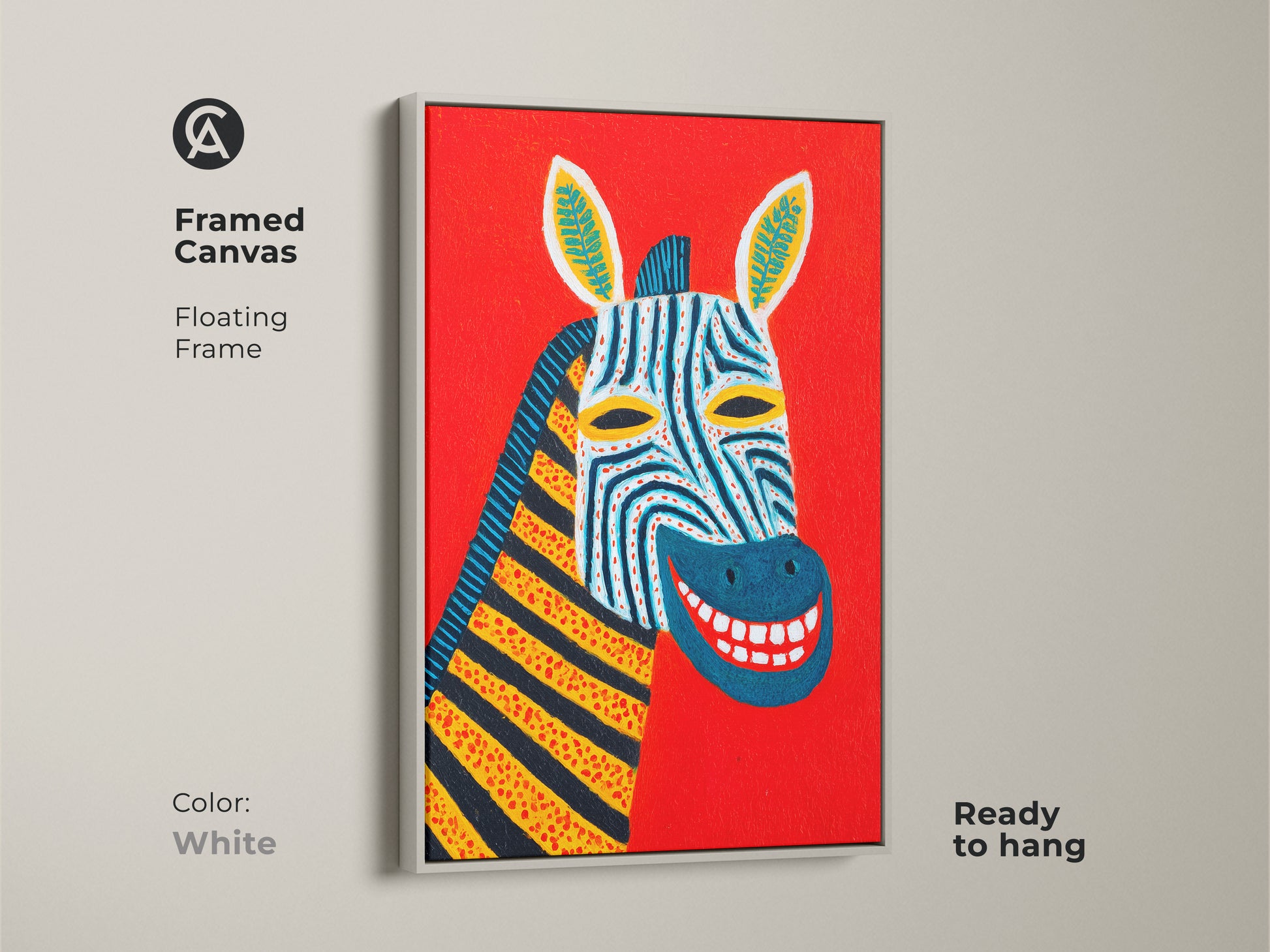 Framed canvas in white showcasing a modern folk art zebra portrait set against a striking red backdrop. This ready-to-hang animal artwork is a colorful and eclectic addition. It serves as a unique wall decor piece.