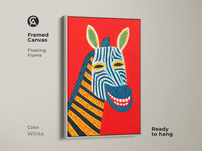 Framed canvas in white showcasing a modern folk art zebra portrait set against a striking red backdrop. This ready-to-hang animal artwork is a colorful and eclectic addition. It serves as a unique wall decor piece.