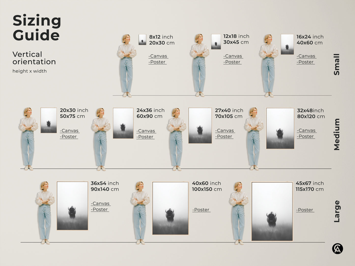 Sizing guide for vertical orientation of the monochrome bison wall art. Available in canvas and poster print. Sizes range from small to large with a person standing next to it to show scale. A perfect addition to your wall art collection.